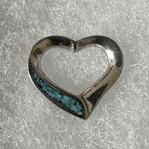 Vintage Silver Turquoise Coral Chip Inlay Open Heart Pendant